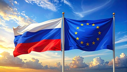Two flags, Russia's and EU, wave gently against a bright, cloudy sky with soft golden sunset colors peeking through