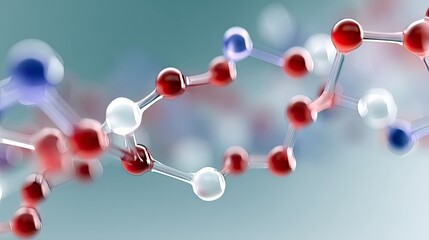 A close-up, abstract 3D render of a complex molecular structure with red, white, and blue spheres linked by transparent rods. The background is a soft, gradient