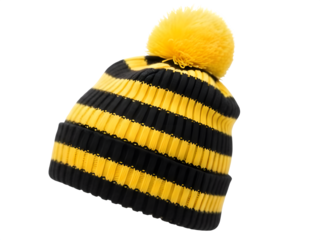 Black and yellow striped knit beanie with pom pom