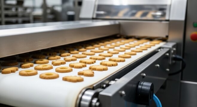 Golden cookies progress along a clean industrial conveyor belt in a high-tech food factory, showcasing efficient automated bakery production