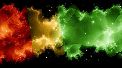 Three distinct abstract nebula-like clouds in vibrant red, yellow, and green hues, scattered with bright stars against a deep black background. The forms are fl