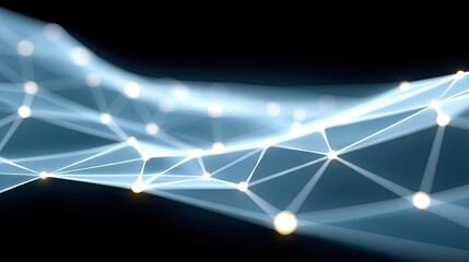 An abstract digital visualization of a network structure with interconnected glowing nodes and lines, set against a dark, blurred background. The light is soft