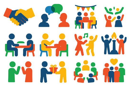 Social Interaction Icons. Flat vector icons of Social Interactions: Handshake, Conversation, Group Meeting, Festival, Sharing Food