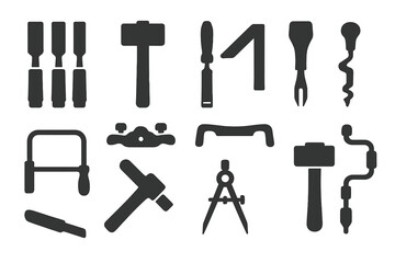 Hand Tool Mastery Icons. Solid style icons of hand tool mastery: chisels set, wooden hammer, marking knife, carpenter square,