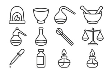 Alchemist Tools Icons. Line style icons of Alchemist Tools: Furnace, Crucible, Retort, Mortar; Pestle, Alembic, Flask, Tongs;