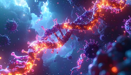 Abstract glowing DNA strand with corona-like orbs against a cloudy, colorful cosmic background