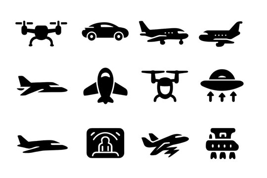 Futuristic Flying Vehicles. Solid style icons of futuristic aircraft: VTOL drone, flying car, electric plane, hybrid jet,