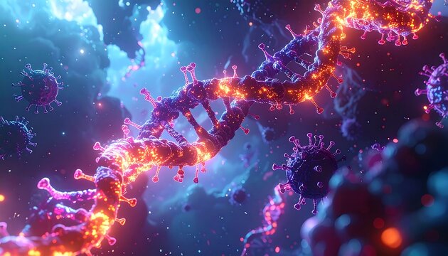 Abstract glowing DNA strand with corona-like orbs against a cloudy, colorful cosmic background