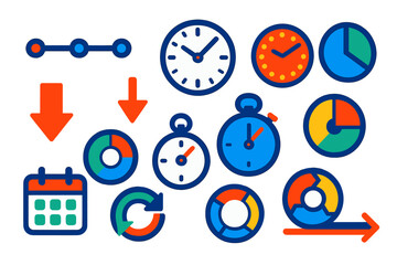 Time Measurement Icons. Flat vector icons of time measurement visualization: timeline, clock hands, hour markers, segmented dial,