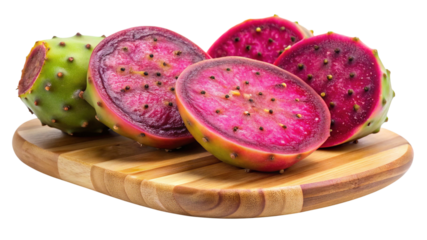 Fresh purple prickly pear cactus fruit halves on a wooden board