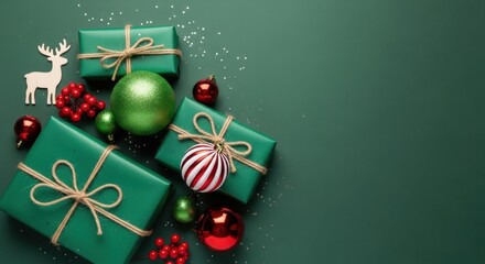 Elegant Christmas gifts and ornaments on a festive green background layout