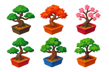 Vibrant Bonsai Collection. Isometric vector illustration set Bonsai Tree Species: juniper bonsai, maple bonsai, ficus bonsai,