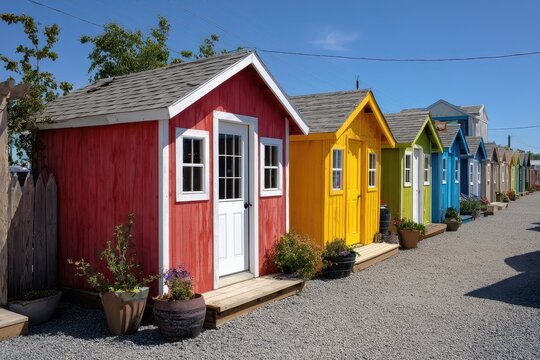 Sunlit collection of painted wooden sheds with varied color palette