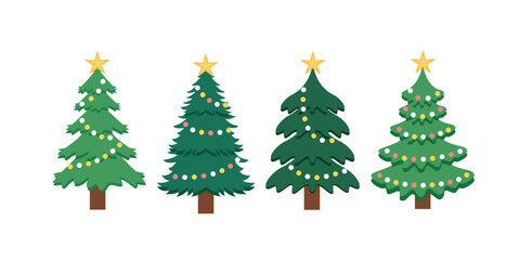Four Festive Flat Christmas Trees with Stars and Lights. Decorated Christmas Trees With Cozy Lamp Lighting. Christmas tree.