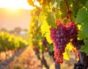 Close-up of ripe grapes with sunshine shining on a vineyard