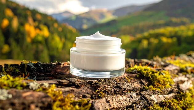 Cream jar on mossy log, mountains, autumn trees background. Soft lighting gives a natural, clean vibe