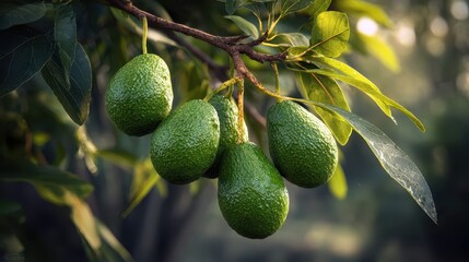 Sunlit scene of ripe avocados resting on a sturdy tree branch