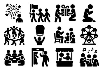 Festival Activity Icons. Solid style icons of festival activities: fireworks display, parade, gift exchange, prayer ritual, dance