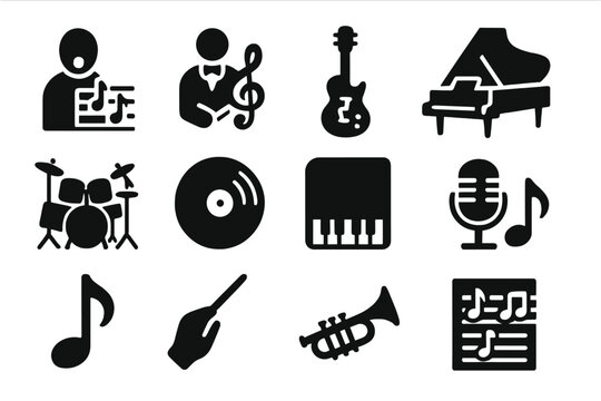Historical Music Icons. Solid style icons of Historical Music: Gregorian chant, Baroque symphony, rock guitar, harpsichord, drum