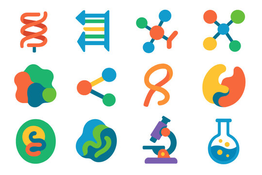 Protein Folding Icons. Flat vector icons of Protein Folding: Helix, Beta Sheet, Amino Acid, Molecular Chain, Protein Structure,