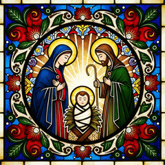 Holy Family Nativity Stained Glass – Round Ornamental Floral Frame Sacred Catholic Artwork