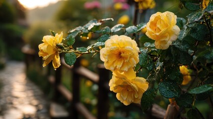 Sunlit yellow rose bush blooming in a tranquil garden