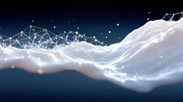 An abstract digital landscape featuring a white, wavy surface with glowing golden particles and a connected network of white lines and nodes overlaying it.