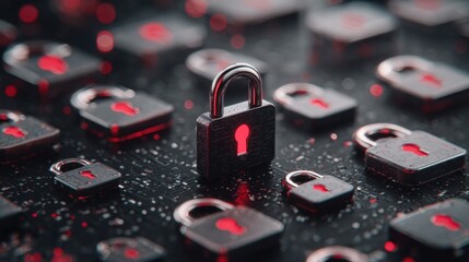 Database Lock Symbols Shatter in a Striking Black and Red Visual During a Ransomware Attack