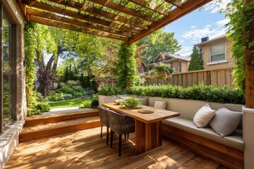 Fototapeta premium Sunny outdoor living space: walkout deck with pergola and greenery