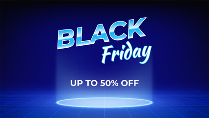 Black friday neon offer banner. Sale poster, promotion. Futuristic glowing stage, neon color. Circular lighting in floor. Levitating text black friday. Blue background, backdrop. Vector illustration