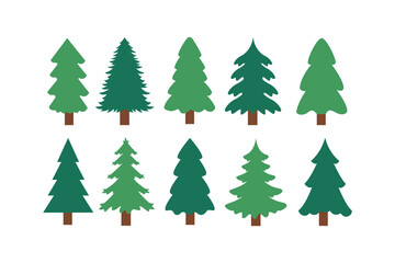 Green Evergreen Tree Collection. Decorative Winter Pine Tree Set. Winter Evergreen Decoration Pack.