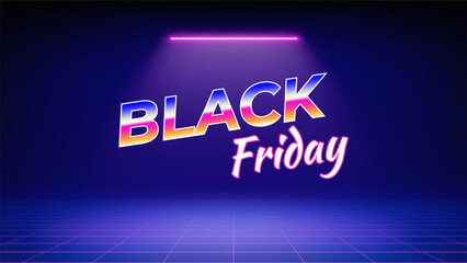 Black friday neon offer banner. Stage illuminated by neon, pink purple led spotlight, blue background. Minimalistic backdrop design for presentation, advertising. Modern concept black friday. Vector