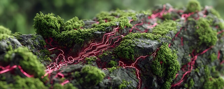 Greenish black stone mockup with neon pink circuit lines pulsing like heartbeats - Powered by Adobe