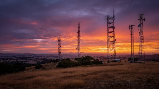 Sunset silhouette of telecommunication towers with wireless antennas against a colorful evening sky