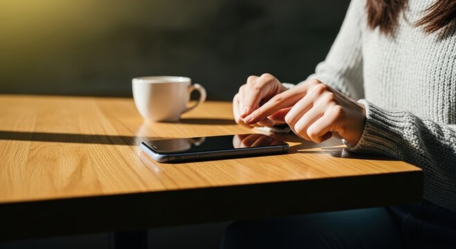 Woman's hands gently tap smartphone screen on a rustic wooden table with warm sunlight, enjoying a casual digital connection and coffee break