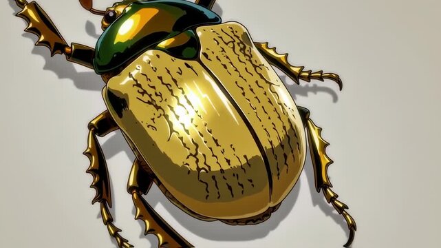 A stylized illustration of a golden beetle with metallic textures and vibrant green and gold carapace