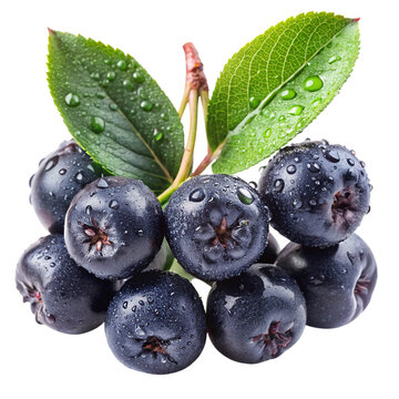 Fresh aronia chokeberries with green leaves and water drops