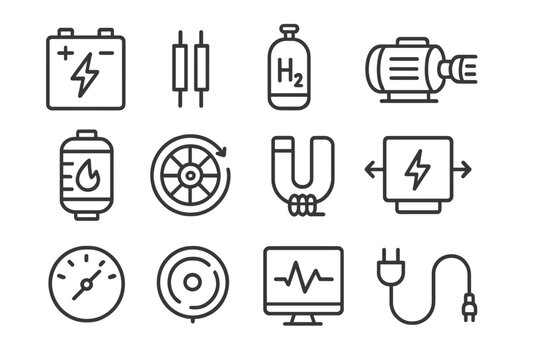 Energy Storage Icons. Line style icons of Energy Storage: Battery, Capacitor, Hydrogen Tank, Pump; Thermal Storage, Flywheel,