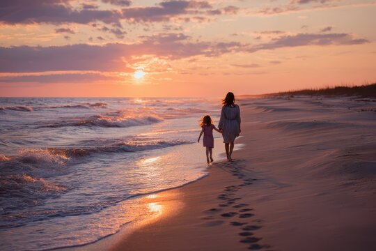 Tender family moment on the shoreline at dusk with soft coastal glow