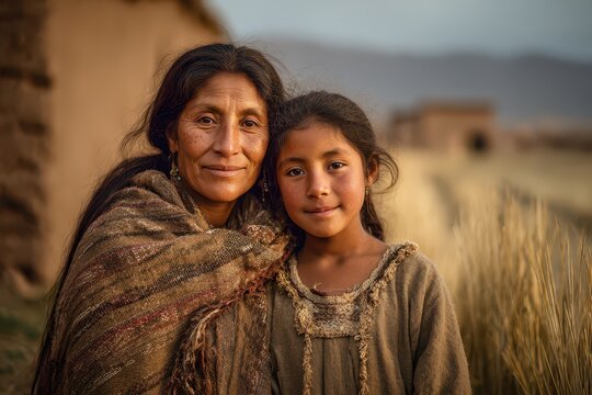 Tender portrait of an indigenous mother and daughter in warm natural light