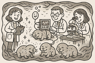 Cheerful Subterranean Lab. Friendly doodle subterranean physiology lab with happy researchers, cartoon mole-rats with faces,