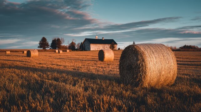 Textured straw and hay bales under a blue sky in a harvest landscape