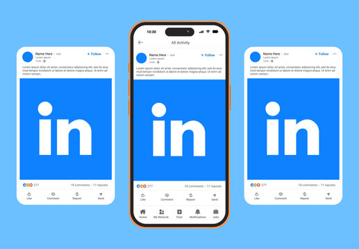 LinkedIn app interface post mockup with iPhone 17 smartphone screen layout. Social media post ui template, display mobile profile feed vector illustration. Social network communication ui interface