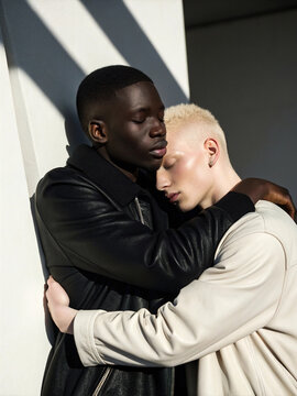 two men embracing, one dark-skinned and the other albino, high contrast lighting, minimalist background, soft shadows, editorial photography, fashion editorial vibe, emotional and intimate atmosphere