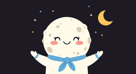 Fototapeta premium A cheerful cartoon moon character with closed eyes and rosy cheeks embraces the night sky with a crescent moon and twinkling stars around it.