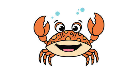 Naklejka premium A cheerful cartoon crab with large claws and a big smile is depicted with bubbles floating above its head, creating a playful and inviting illustration.