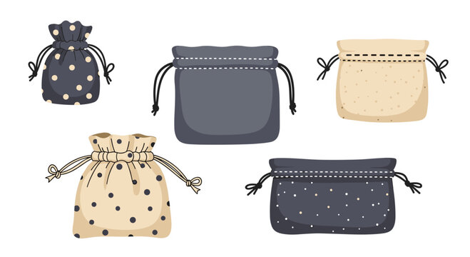 Collection of decorative drawstring pouches in various colors and patterns, ideal for gifts, jewelry, or small items, presented on a white background.