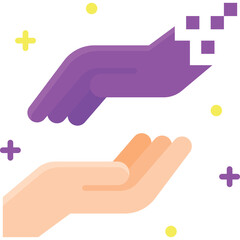 Illustration of two hands one open upward receiving from above purple hand with pixels scattering downwards against white background with yellow dots and purple starbursts symbolizing giving or