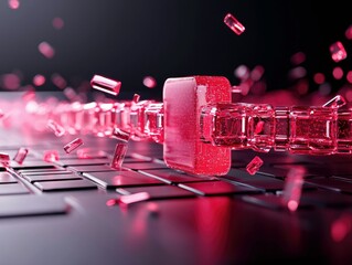 A close-up, abstract shot of a red, crystalline chain breaking apart, with individual links scattering over a dark, reflective surface. A soft pink glow emanate