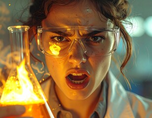 Close-up of intense scientist with fiery chemical experiment